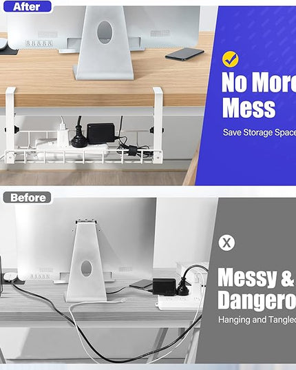 Under Desk Cable Management Tray, Xpatee Upgraded Wire Management No Drill No Screws, Cable Tray with Clamp for Wire Organizers, Computer Cord Rack for Office, Home - No Damage to Desk White