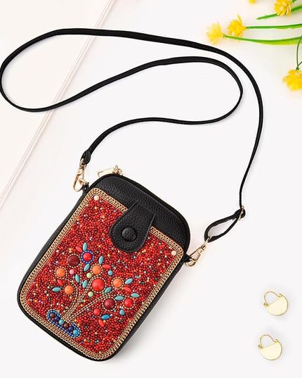 Women's Small Crossbody Cell Phone Bag, Boho Colorful Beaded Purse Wallet with Handmade Cute Patterns