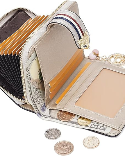 FOXLOVER Genuine Leather Zip Small Wallet Women RFID Blocking Credit Card Bifold Wallet Business Card Holder with ID Window(Gold)