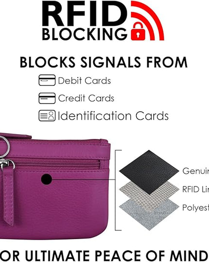 ili New York Mini Leather Coin Purse, Compact Design with Key Ring and RFID Protection for Women and Men in Vibrant Colors, Orchid