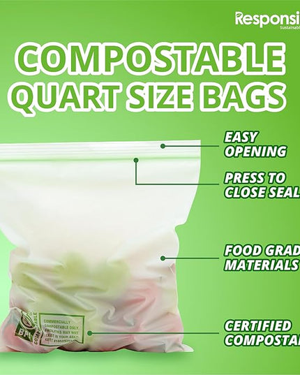 Certified Compostable QUART Resealable Zip Bag, Extra Strength Food Bags, Plant-Based Freezer-Safe (116 Pack)