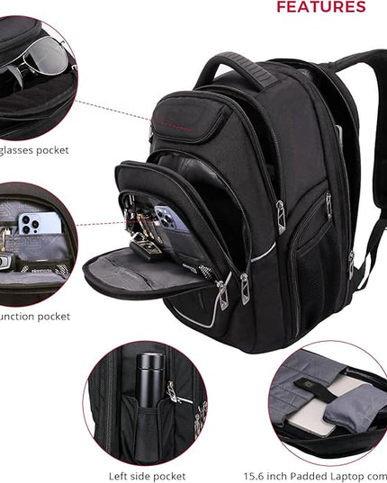Swissdigital Design Large Travel Backpack For Men, TSA-Friendly Business Laptop Backpack, USB Charging Port，RFID Protection Tech Backpack Fits 15.6Inch Laptop Black/Green | J16BTF-21