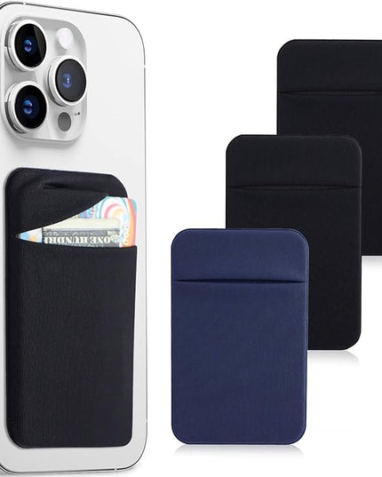 3Pack Cell Phone Card Holder Pocket for Back of Phone,Stretchy Stick on Wallet Credit Card ID Case Pouch Sleeve Self Adhesive Sticker with Flap for iPhone Samsung Galaxy-2Black+1Navy Blue