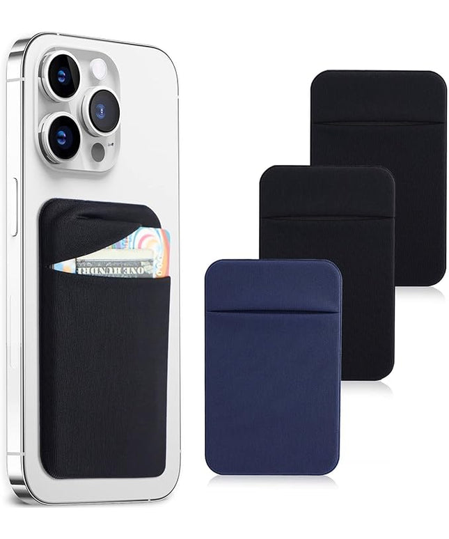 3Pack Cell Phone Card Holder Pocket for Back of Phone,Stretchy Stick on Wallet Credit Card ID Case Pouch Sleeve Self Adhesive Sticker with Flap for iPhone Samsung Galaxy-2Black+1Navy Blue