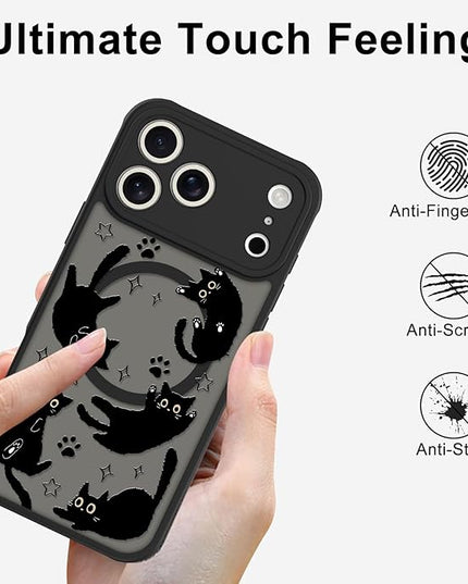 Cute Magnetic Case for iPhone 17 Pro Max Case [ Compatible with MagSafe ] with Black Cats Cat Pattern Design for Women Girls Boys, Soft Bumper Hard Back Kawaii Animal Protective Phone Cover