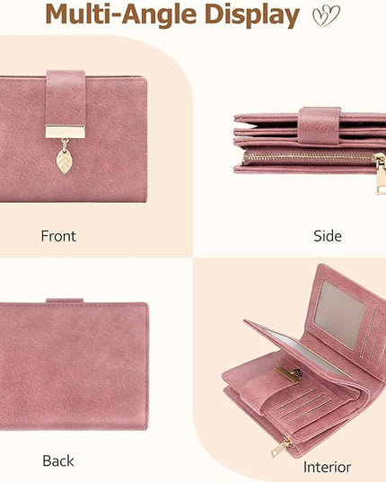 HUANLANG Small Women's Wallet Rfid Blocking Leather Bifold Credit Card Holder Ladies Wallet Zipper Pocket with ID Window
