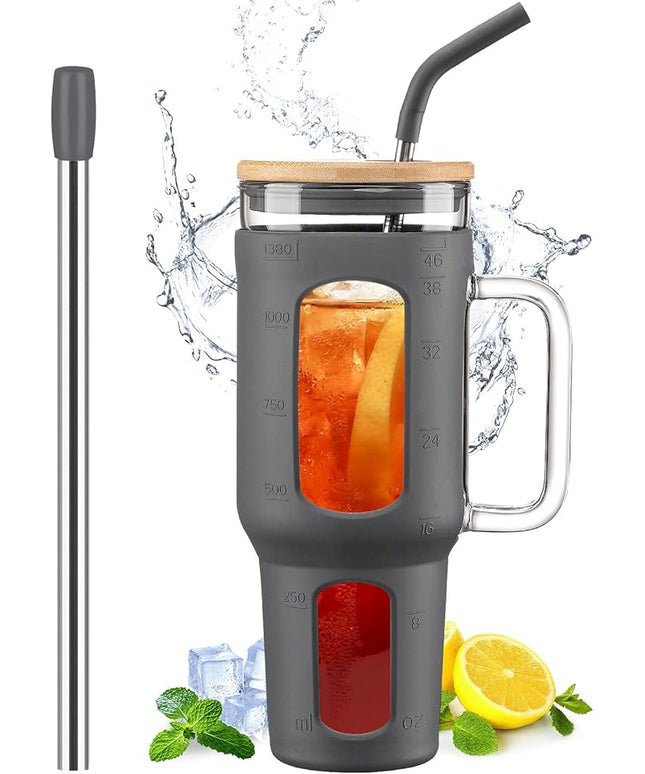 Glass Tumbler with Lid and Straw, 46 oz Iced Coffee Cup with Handle, Large Water Bottles with Silicone Sleeve, Glass Cup with Straws - Pearl Straw & Drinking Straw BPA Free-Grey