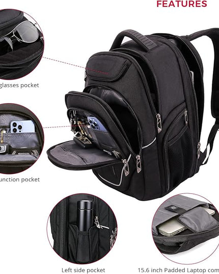 Swissdigital Design Large Travel Backpack For Men, TSA-Friendly Business Laptop Backpack, USB Charging Port，RFID Protection Tech Backpack Fits 15.6Inch Laptop Black/Grey | J16BTF-02