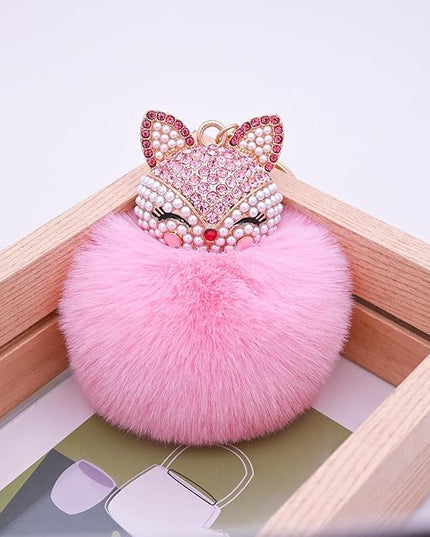 Faux Rabbit Fur Ball Pom Pom Keychain with Fox Head Studded with pearl Rhinestone for Womens Bag Car Key Decoration