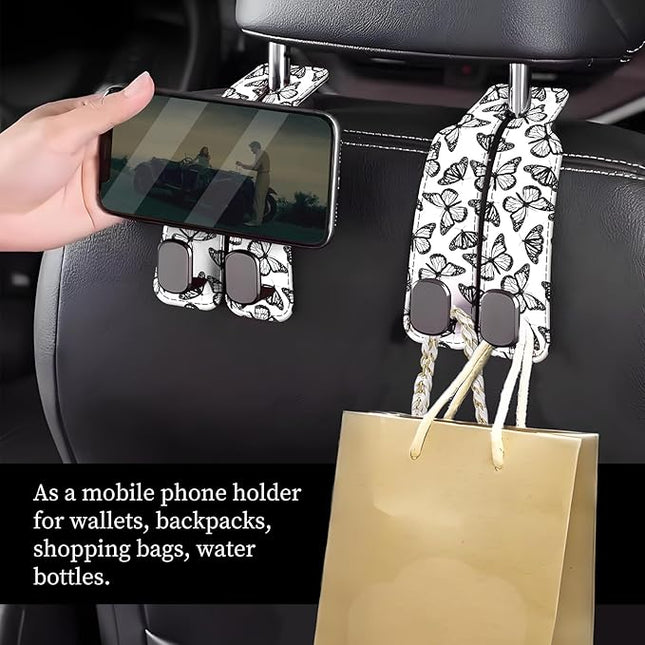 Car Seat Headrest Hook, Universal Leather Cute Hanger Holder Hook, Storage Organizer Interior Accessories for Purse Bags Handbag Black White Cute Butterfly
