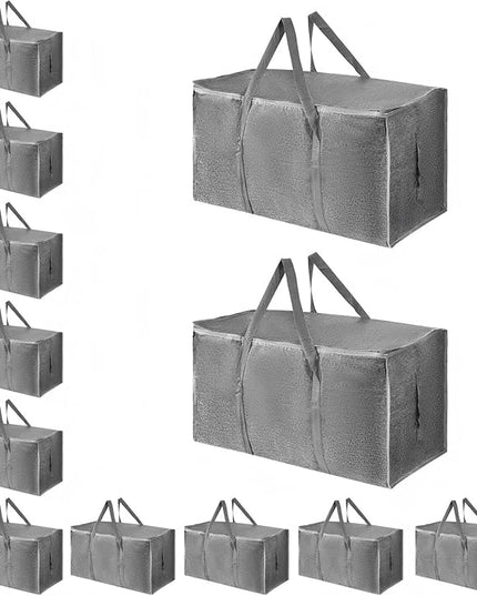 12 Pack-Extra Large Heavy Duty Moving Bags - Waterproof Storage Totes with Handles & Zippers, Foldable for College Dorm, Storage (Gray)