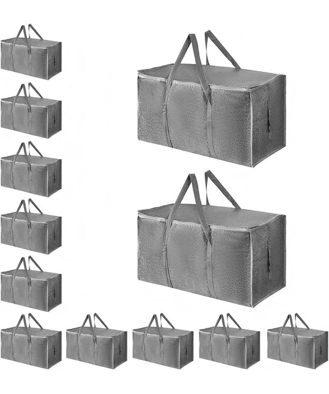 12 Pack-Extra Large Heavy Duty Moving Bags - Waterproof Storage Totes with Handles & Zippers, Foldable for College Dorm, Storage (Gray)