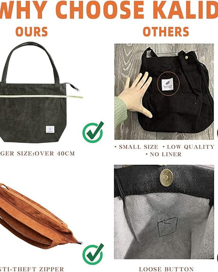 KALIDI Women Corduroy Tote Bag Zipper Casual Tote's Handbag Big Capacity Shoulder Bag with Pockets