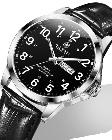 Men's Watches Leather Band Stainless Steel Quartz Analog Watch Luxury Waterproof Watches for Men Dress Men's Wrist Watch with Day Date Arabic Numeral Relojes para Hombre