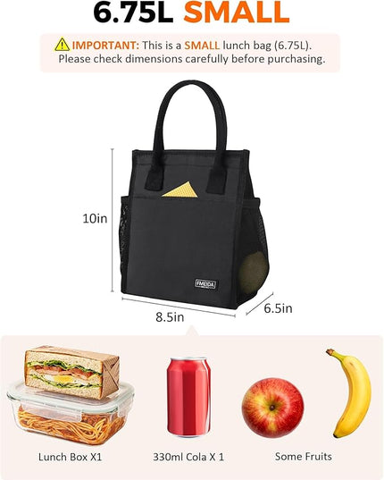 Fmeida 6.75L Small Insulated Lunch Bag Women Men, Lunch Bags with Multiple Pockets, Reusable Thermal Cooler Tote for Work, Office, Picnic, Travel | Hook and Loop Closure, Black