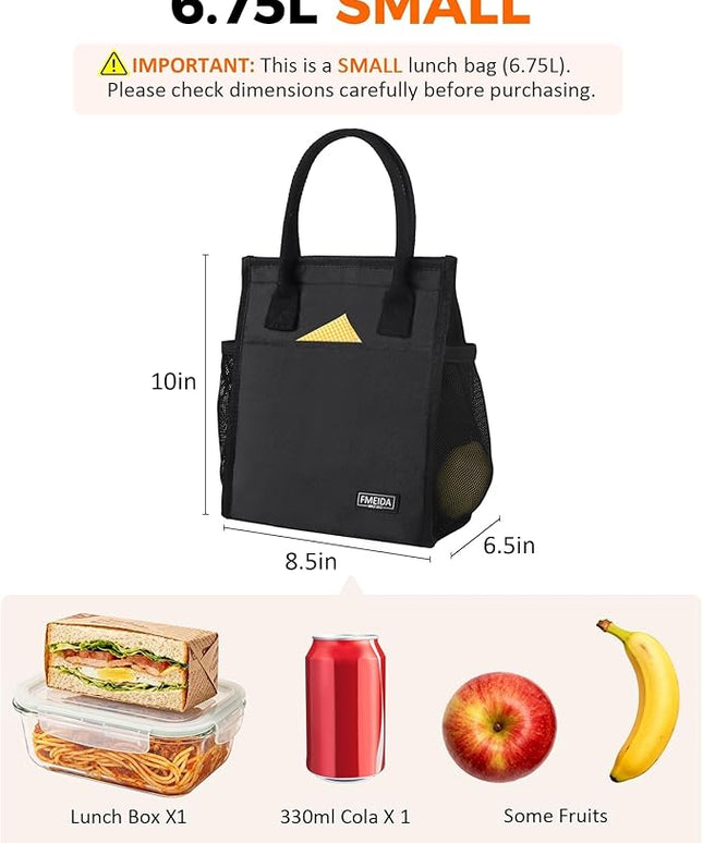 Fmeida 6.75L Small Insulated Lunch Bag Women Men, Lunch Bags with Multiple Pockets, Reusable Thermal Cooler Tote for Work, Office, Picnic, Travel | Hook and Loop Closure, Black