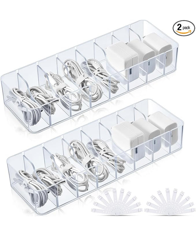 Tatuo 2 Pcs Cable Organizer with 20 Wire Ties, Plastic Cord Storage Charger Box Electronics Organizer with Adjustment Compartments Cable Storage for Drawer Home Office Desk Accessories (Clear)