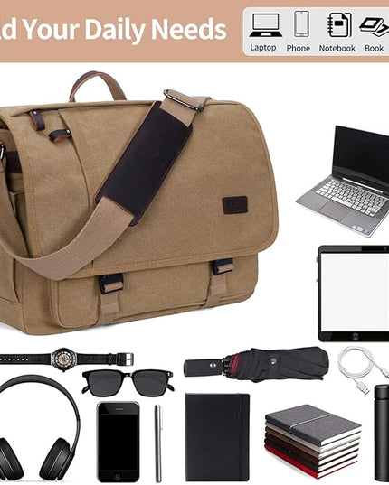 Nerlion Messenger Bag for Men 17-17.3 Inch Laptop Bag Canvas Water-resistant Computer Bag Shoulder Bag Work Briefcase Bookbag for College (Brown)