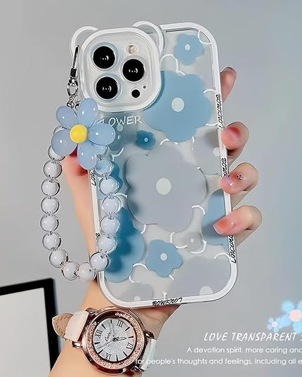 Compatible with iPhone 12 Case Blue Shockproof Cover Camera Lens Case Cute, Clear, Floral Bear, Lovely Flower, Wrist Strap, Bracelet Chain, for Women, Girly