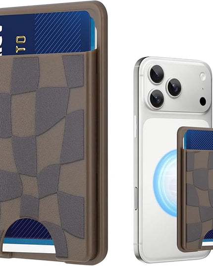 Stronger Magnetic Card Slot Wallet for iPhone 17/16/15/14/13/12 Series (Not for 13/12 Mini), Checkered Pattern Hard Card Holder Fit 3 Cards Compatible with Magsafe Accessories, Brown