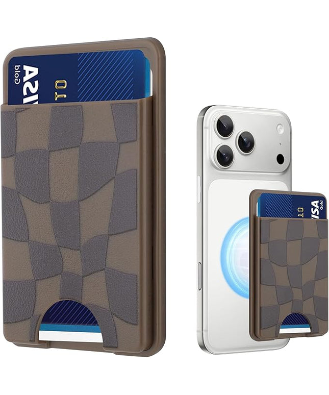Stronger Magnetic Card Slot Wallet for iPhone 17/16/15/14/13/12 Series (Not for 13/12 Mini), Checkered Pattern Hard Card Holder Fit 3 Cards Compatible with Magsafe Accessories, Brown