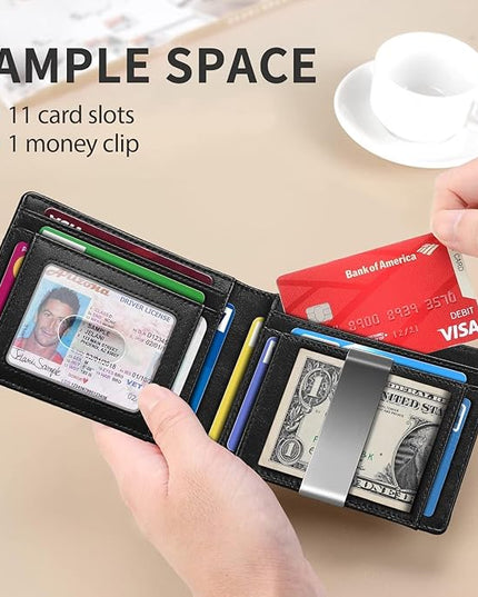 RUNBOX Slim Money Clip Wallets for Men RFID Blocking 11 Card Holder Minimalist Small Leather Bifold Men's Front Pocket Wallet Gift Box