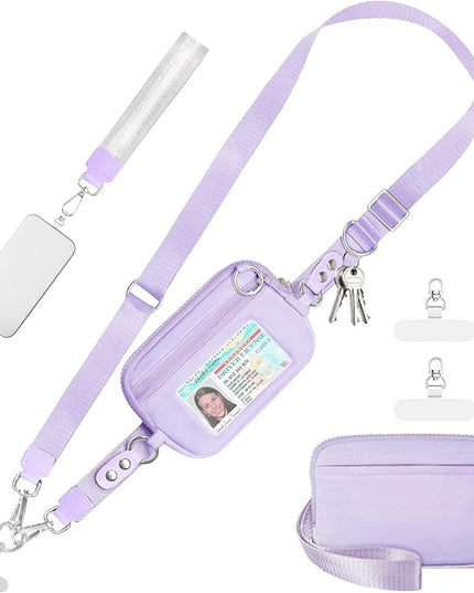 Clip and Go Strap for Phone with Wallet Crossbody Phone Lanyard Adjustable and Detachable RFID Wristlet Wallet with ID Window and Zipper, Purple