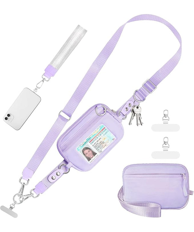 Clip and Go Strap for Phone with Wallet Crossbody Phone Lanyard Adjustable and Detachable RFID Wristlet Wallet with ID Window and Zipper, Purple