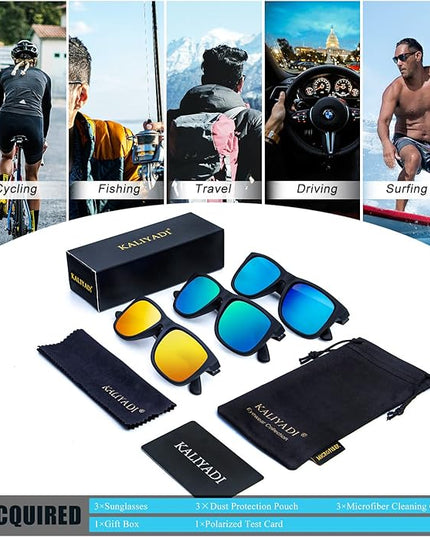 KALIYADI Sunglasses Men Polarized Sun glasses for Mens Womens Classic Matte Black Frame UV Protection 3pack