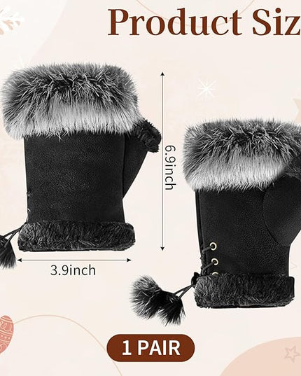 SATINIOR Women Fur Fingerless Gloves Winter Rabbit Fur Lined Half Finger Mittens for Women Girls Teen Working Writing