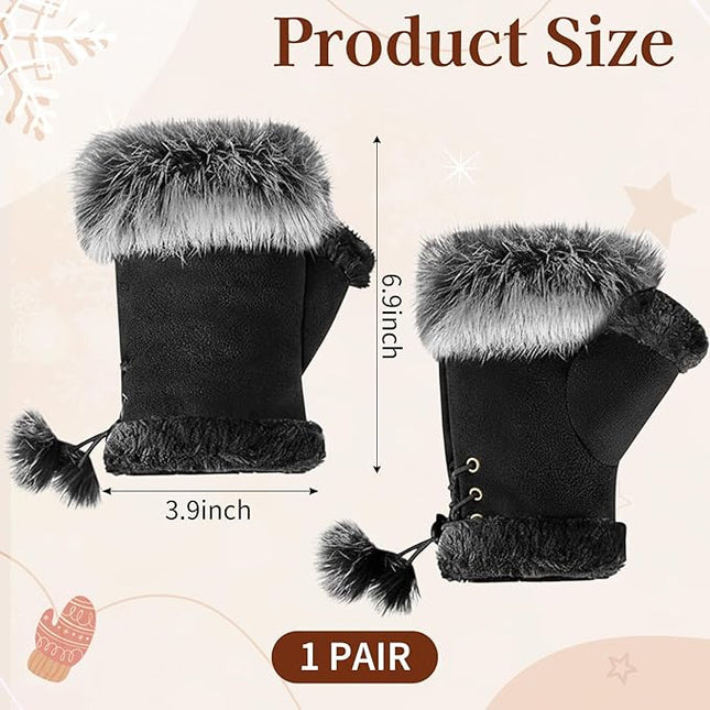 SATINIOR Women Fur Fingerless Gloves Winter Rabbit Fur Lined Half Finger Mittens for Women Girls Teen Working Writing