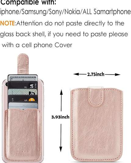 Phone Card Holder RFID Sleeve, Pu Leather Back Phone Wallet Stick-On Pull 5 Card Holder Universally Pocket Covers Credit Cash for iPhone/Android/All Smartphones (RoseGold)
