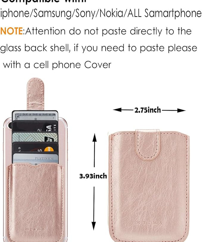 Phone Card Holder RFID Sleeve, Pu Leather Back Phone Wallet Stick-On Pull 5 Card Holder Universally Pocket Covers Credit Cash for iPhone/Android/All Smartphones (RoseGold)