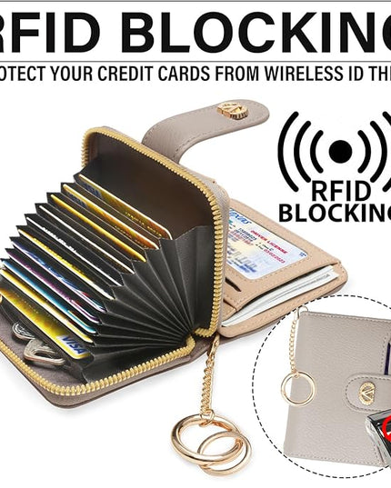Multi-Purpose Wallet High Capacity Card Holder Zipper Coin Purse with Wristlet Bracelet Keychain Silicone Beaded Bangle Key Ring