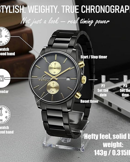 Stylish Stainless Steel Chronograph Watches for Men with a Hefty, Solid-Build Feel — Waterproof Quartz Mens Watches with Auto Date & Second Subdials, Valentines Day Gifts for Him, Boyfriend, Husband, Dad