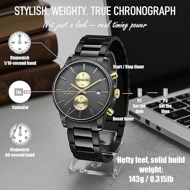 Stylish Stainless Steel Chronograph Watches for Men with a Hefty, Solid-Build Feel — Waterproof Quartz Mens Watches with Auto Date & Second Subdials, Valentines Day Gifts for Him, Boyfriend, Husband, Dad