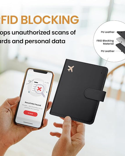 Passport Holder for Travel Essentials, RFID Blocking Leather Cover Wallet with Magnetic Closure, Aesthetic & Cute Passport Book Case for Women and Men - Black