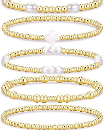 Gold Beaded Bracelets for Women, 14K Real Gold Plated Jewelry for Women Dainty Pearl Bead Bracelets Stack, Non Tarnish Trendy Stackable Ball Cross Stretch Bracelet Set Fashion Accessories Gifts