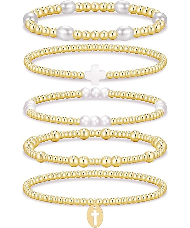 Gold Beaded Bracelets for Women, 14K Real Gold Plated Jewelry for Women Dainty Pearl Bead Bracelets Stack, Non Tarnish Trendy Stackable Ball Cross Stretch Bracelet Set Fashion Accessories Gifts