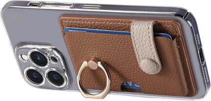 Wallet Stick on Phone Case, Credit Card Holder with Ring for Back of Phone Cases Flip Leather Wallet Sleeve Pouch Compatible with iPhone, Samsung Galaxy Android Most Smartphones Brown