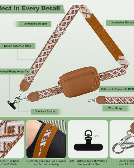Clip and Go Strap for Phone with Wallet Crossbody, Adjustable Phone Lanyard with Detachable RFID Wristlet Wallet, Pattern Strap, Bronze(M)