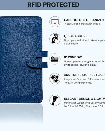 DEERHANDMADE womens wallet (Holds 15-18 Cards, 4 Flat Pockets, 1 ID Windows) Genuine Leather clutch purses for women | Slim long wallets for women | rfid blocking wallet (blue wallets for women)