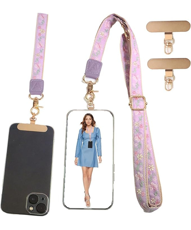 LEMEDE Phone Charm Lanyard, Gold Buckle Adjustable Crossbody and Wrist Strap with 2pcs 360-Degree Rotatable Phone Pad