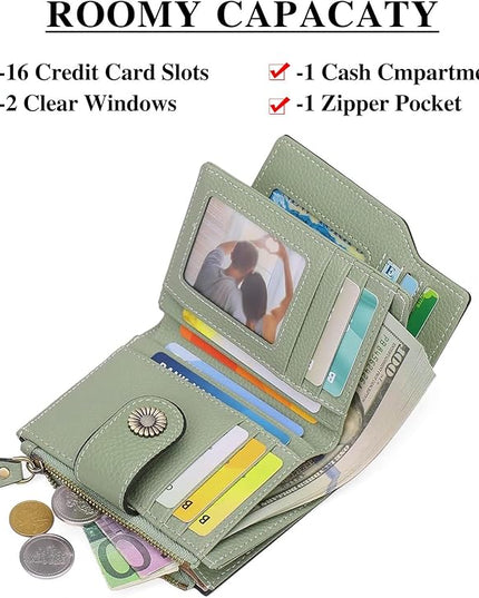 Falan Mule Women's Lightweight Genuine Leather Wallet, Includes Card Holders, RFID-Blocking, Lightweight, Photo & ID Holder, Green