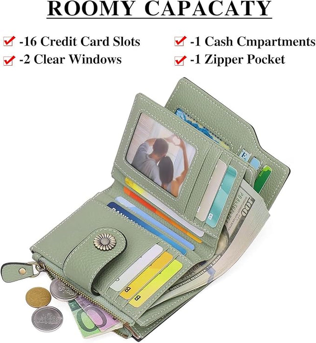 Falan Mule Women's Lightweight Genuine Leather Wallet, Includes Card Holders, RFID-Blocking, Lightweight, Photo & ID Holder, Green