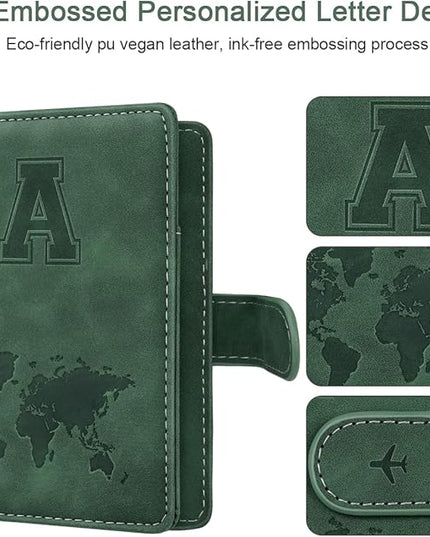 Personalized A Passport Holder Cover Initial Letter Travel Wallet RFID Blocking Passport Cover Credit Card Holder Case Passport Book Holders for Women and Men, Pine Green-A