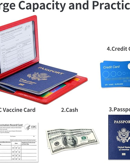Passport Holder Cover Wallet Case RFID Blocking Leather Card Slot Travel Accessories Documents Organizer Protector for Women Men, Red