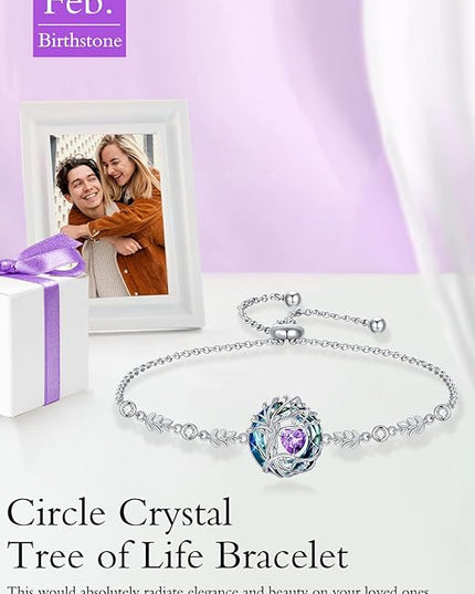 TOUPOP Tree of Life Birthstone Bracelet 925 Sterling Silver Family Tree Austrian Crystal Jewelry Anniversary Birthday Christmas Gifts for Women Wife Girlfriend Her