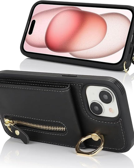 for iPhone 15 Wallet Case with Card Holder, for iPhone 15 Case Wallet with Strap Credit Card Slot, Crossbody Bag with Zipper Case for iPhone15 - Black