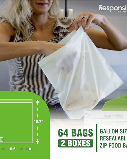Certified Compostable Large GALLON Resealable Zip Bag, Extra Strength Food Bags, Made from Plant Materials (64 Pack)